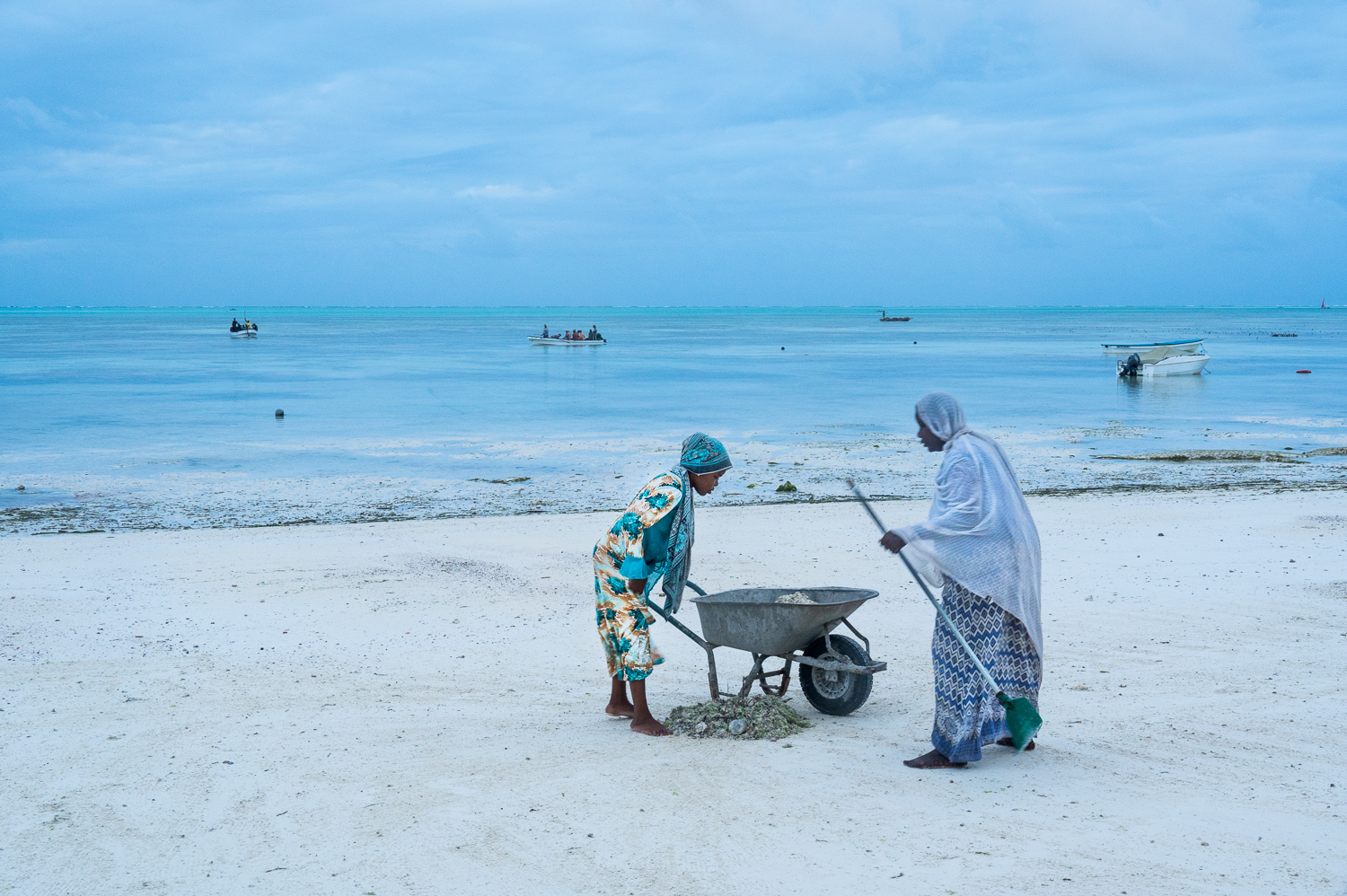 Zanzibar - Une femme et sa fille ramassent les algues sur la plage